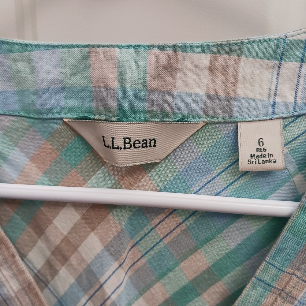 LL Bean Dress Size 6 Linen Cotton Blue Green Plaid V-Neck A-Line Spring Casual - Picture 3 of 7